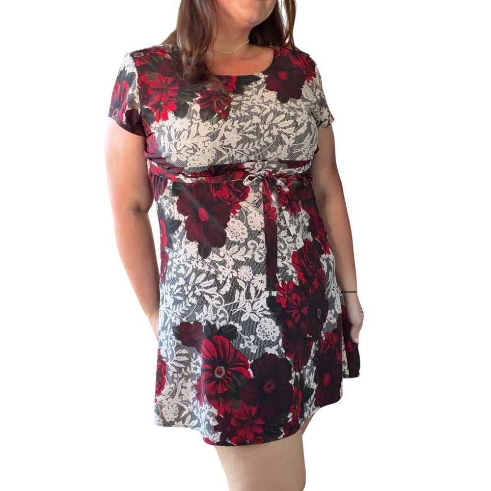 Vintage La Belle Fashions Red Floral Lace Print Empire‎ Waist Mini Dress Large